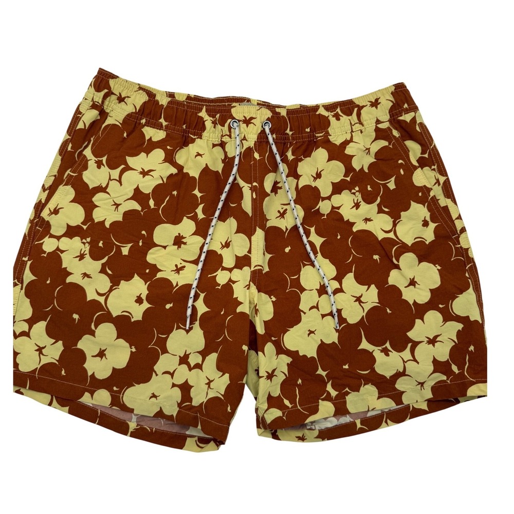 J. Crew Mens Swim Trunks Brown Yellow Floral Hibiscus Board Shorts Large